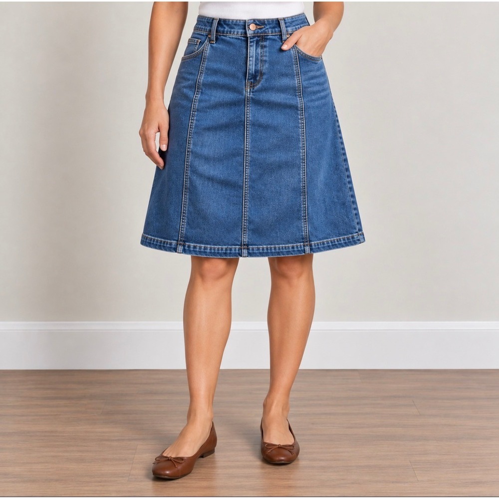 Talbots Denim A-Line Midi Skirt 10 Blue Good Paneled Stretch Pockets
